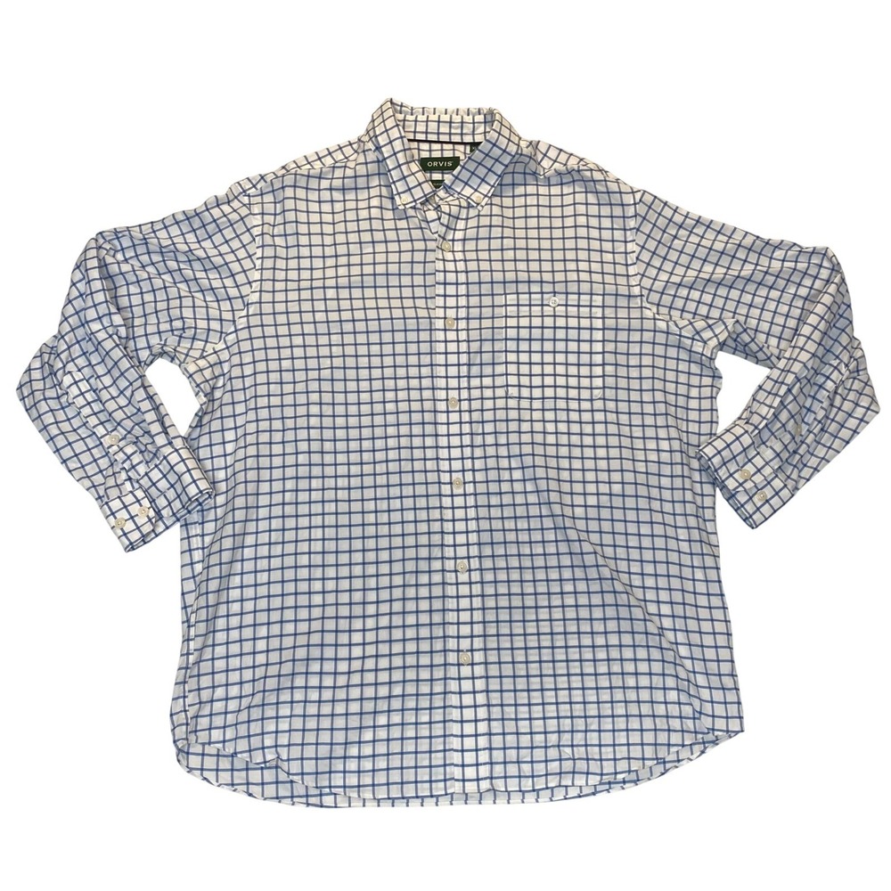 Orvis Classic Fit Wrinkle Free Men's XL Blue White Check Button Front Shirt